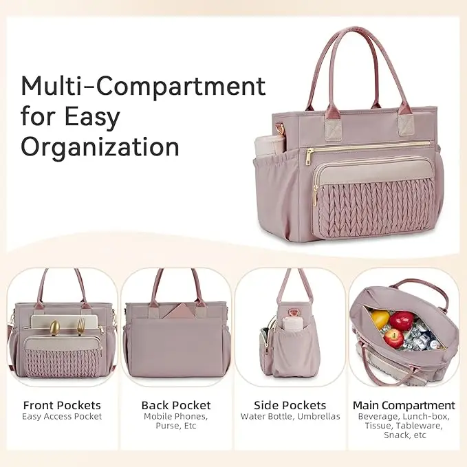 Portable Insulated Lunch Bag for Women Large Capacity Leakproof Thermal Cooler Tote Reusable Meal Prep Food Container Bag with Adjustable Strap Side Pockets for Work Picnic Travel