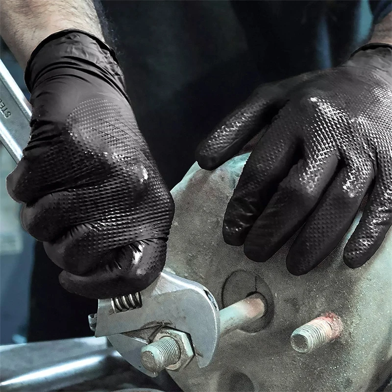 8Mil Black Nitrile Gloves Disposable Heavy Duty Industrial Gloves with Diamond Texture Latex Powder Free Mechanic Tattoo Gloves