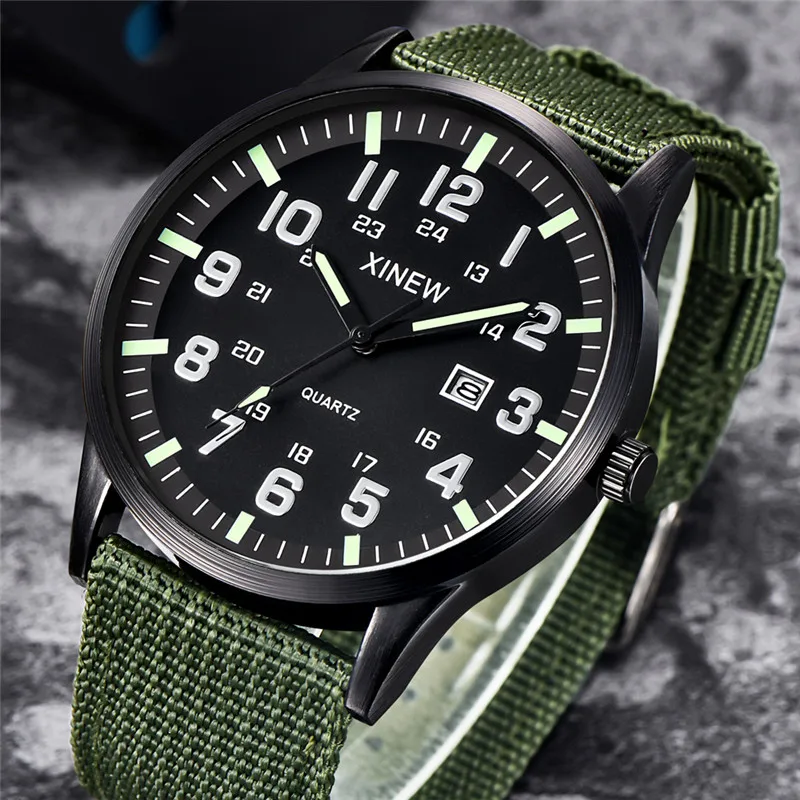 Men XINEW Brand Watches Students Kids Fashion Casual Nylon Band Simple Military Sports Date Quartz Watch Green Montre Homme 2024