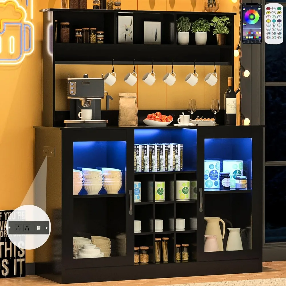 

Coffee bar with 60000 colored lights, power socket, 7 hooks, 9 wine racks, adjustable tea wine rack, black high-gloss sideboard