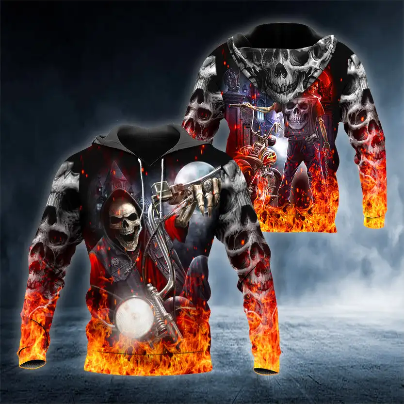 Vintage Men Hoodie 3D Print Motorcycle Flaming Skulls Pattern Fashion Pullover Personality Oversize Men's  Hoodies Clothing Tops