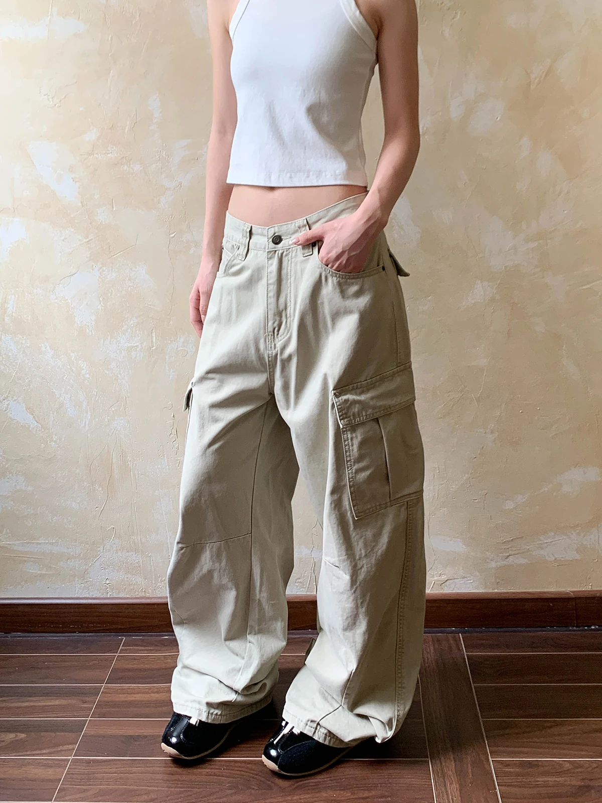 American Street Cleanfit Retro Light Khaki Multi Pocket Work Trousers Loose Straight Leg Slimming Men's Fashion Jeans