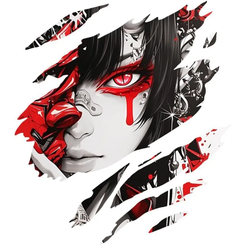 Edgy Red-Eyed Demon Anime Girl Torn Vinyl Sticker, Graffiti Decal for Car Window Trunk Wall Decor image 4