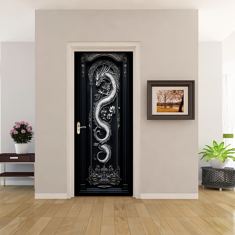 1pcs Self Adhesive Removable Vinyl Door Stickers Chinese Style 3D Dragon Pattern Relief Door Stickers Classical Chinese Home Dec