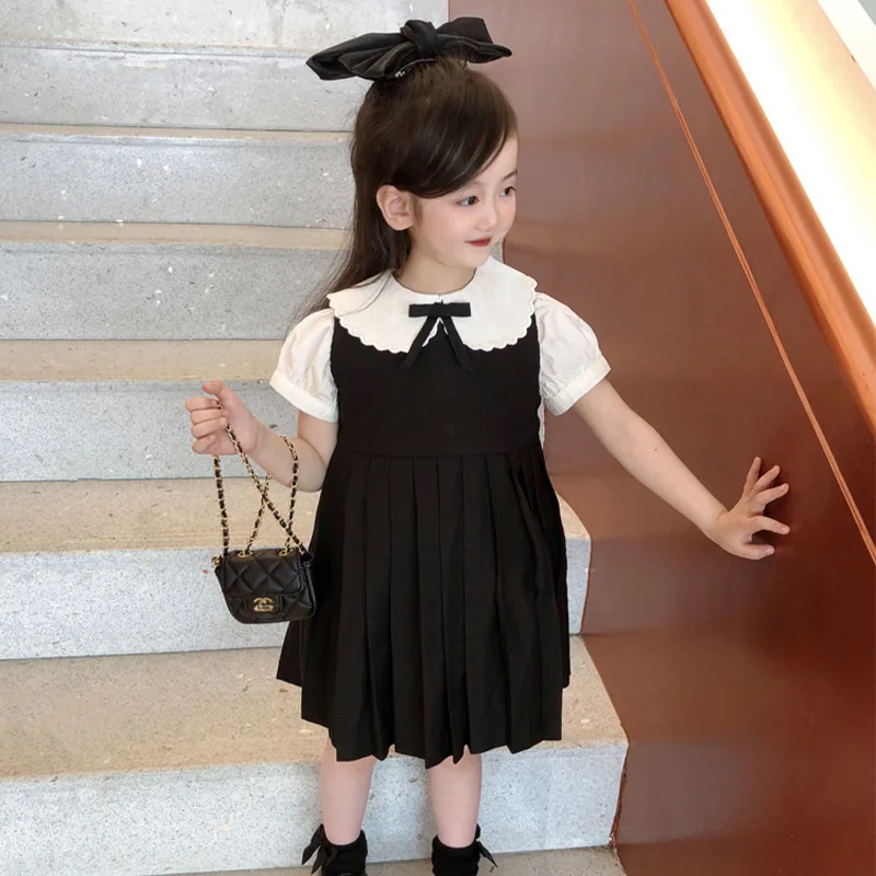 Kid Girl Elegant Dress Ruffled Peter Pan Collar Black Satin Bow Tie Puffy White Sleeves Flared Black Pleated Skirt for Children