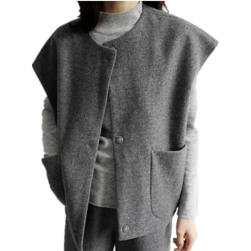 

Новый стильный костюм с воротником, осенний винтажный свободный простой костюм без рукавов, шерстяной жилет, пальто с карманом 4xl