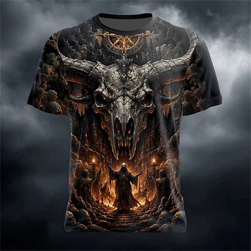 Men's New Summer Fashion Trend Round-Neck T-Shirt Giant Ram Skull Castle Wizard Dark Magic Hell Halloween-Themed Short-Sleeve
