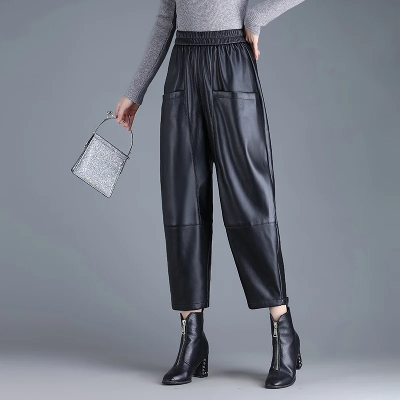 

Модные женские брюки-харланы из искусственной кожи, свободные, с эластичным поясом, повседневные, осенне-зимние, новые, с высокой талией