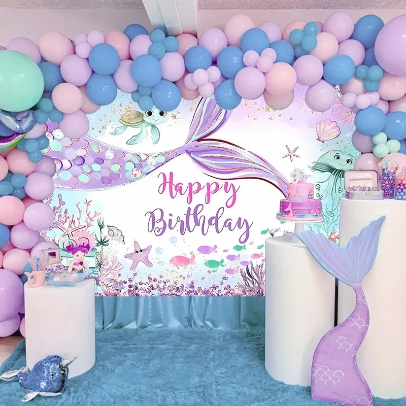 Little Mermaid Theme Girl Birthday Party Backdrop Photography Baby Shower Decor Background Photocall Backdrops Decor Banner