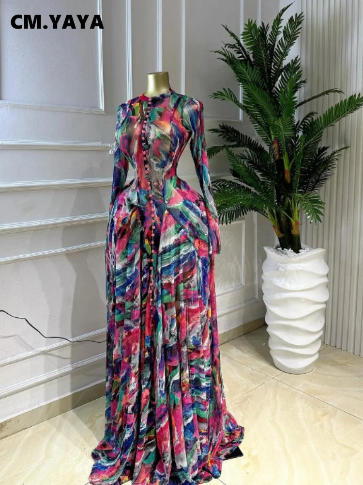 CM.YAYA mujeres cuello redondo manga larga gran Swing Tie tinte dibujo vestido largo 2026 Sexy fiestas noche vacaciones Maxi Vestidos