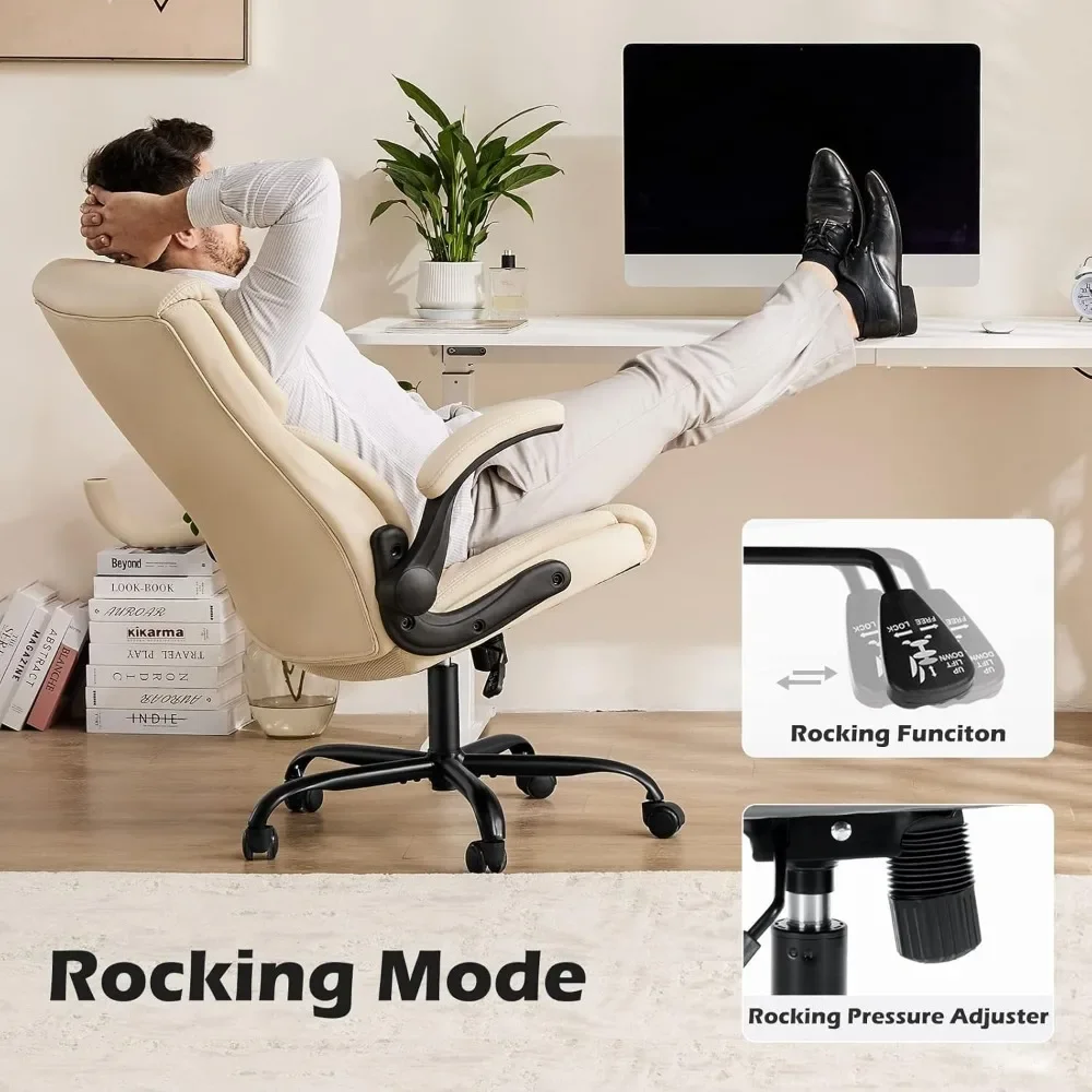 Leather Office Chair with Flip Up Arms, Executive High Back Big and Tall Desk Chairs with Ergonomic Lumbar Support