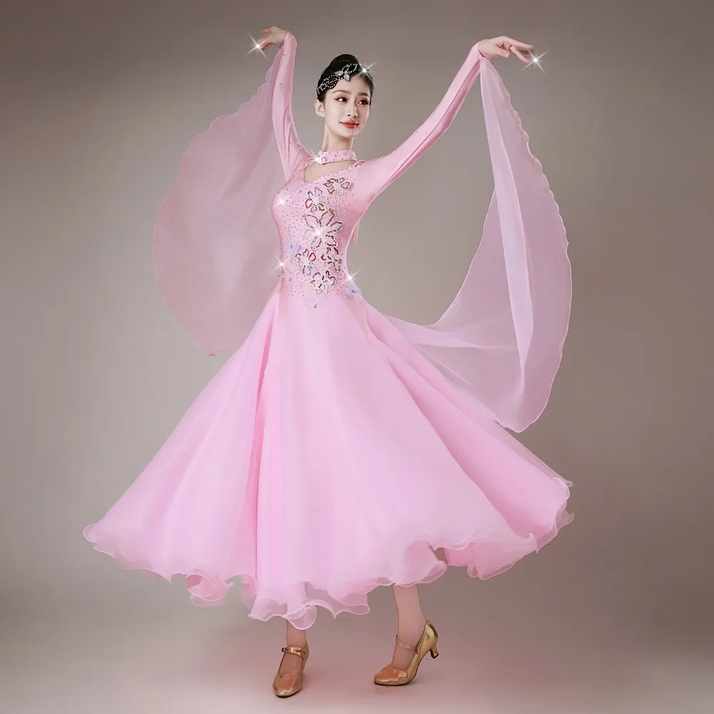 New pink butterflymoderndance nationaldance dress for waltz and foxtrot competition outfit forballroomdancing performance outfit
