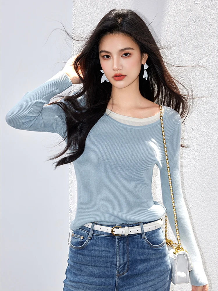 Women Fashion Knitted Sweater 2024 Autumn Winter Fake Two Piece Contrasting Color Slim Fit Knitted Sweater Long Sleeve Top