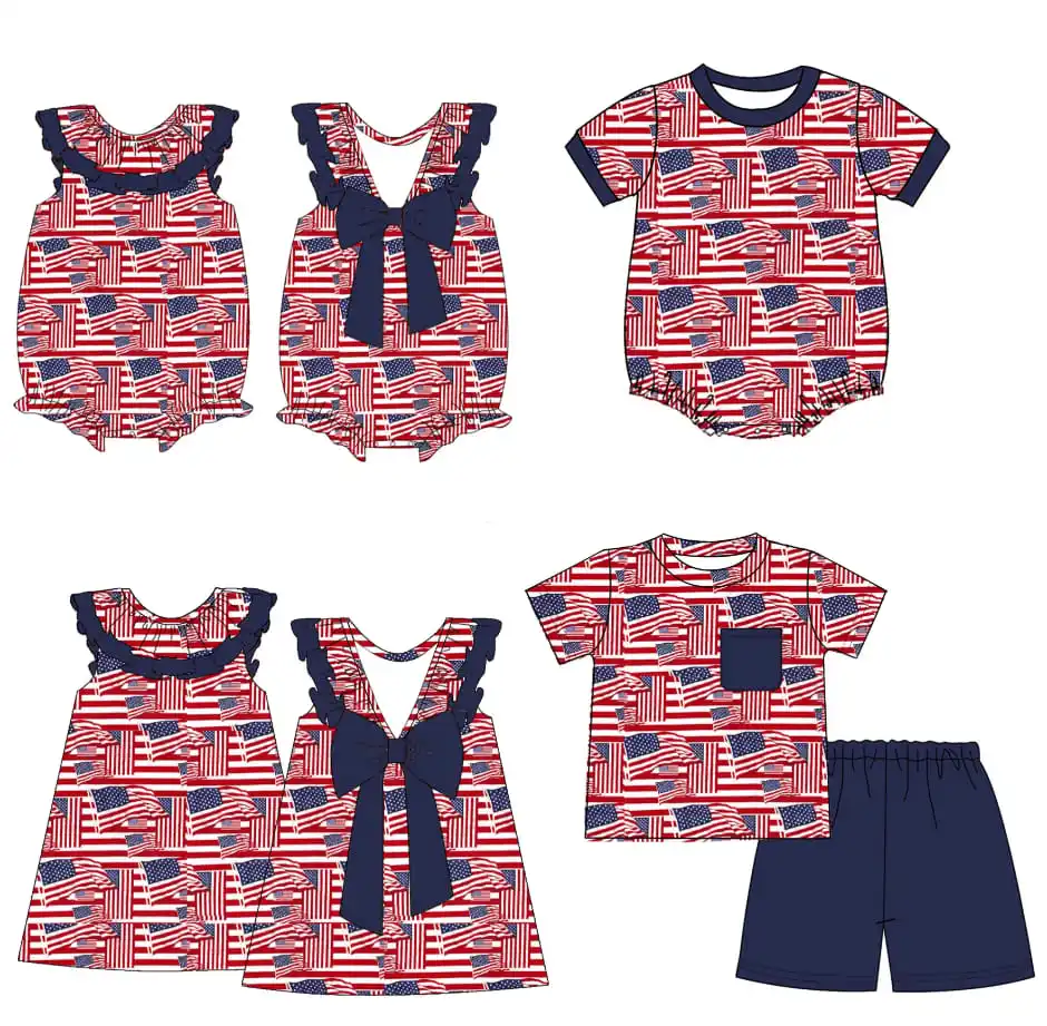 

Hot sale children's clothing for girls suits July 4th blue flag print baby boy clothes for kids clothes bow design baby suit