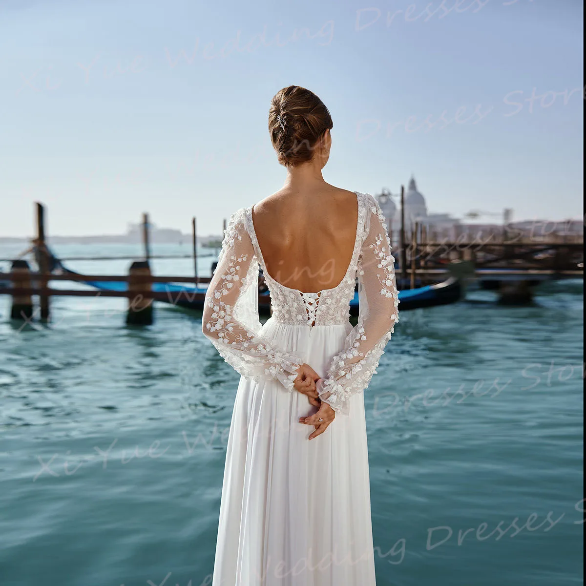 Gorgeous Beautiful A Line Wedding Dresses Lace Up Appliques Long Sleeve Backless Bride Gowns Side Slit For Women Robe De Mariee