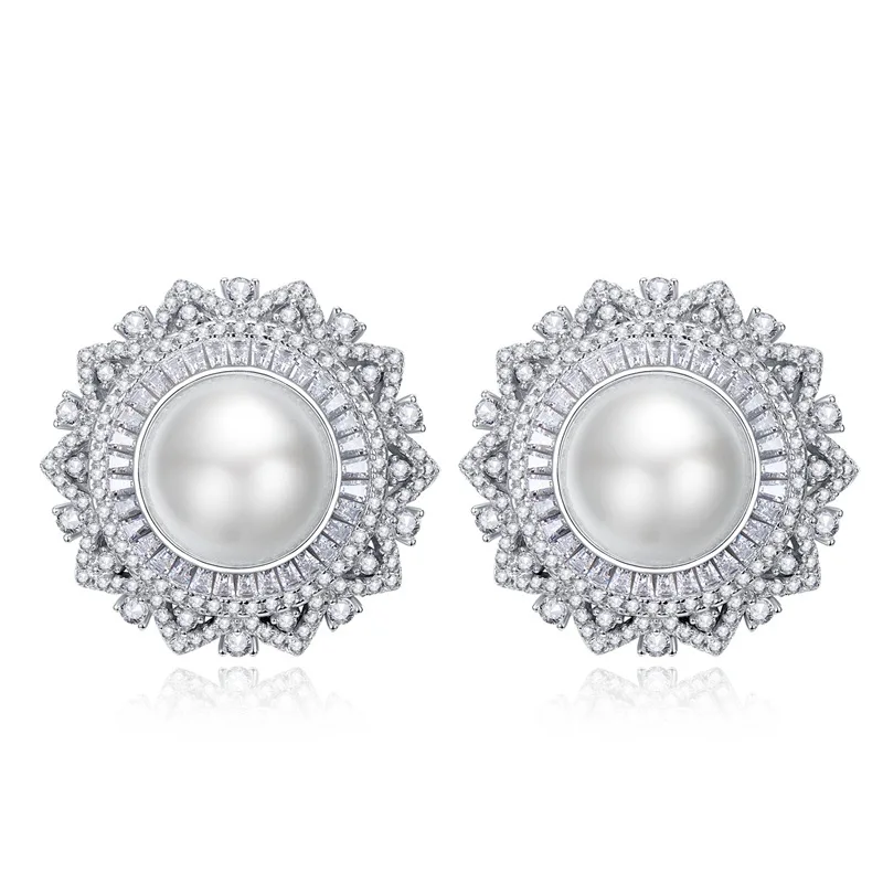 2024 flower shaped pearl earrings with 925 silver inlay and 12mm pearl European and American women's earrings ear clip