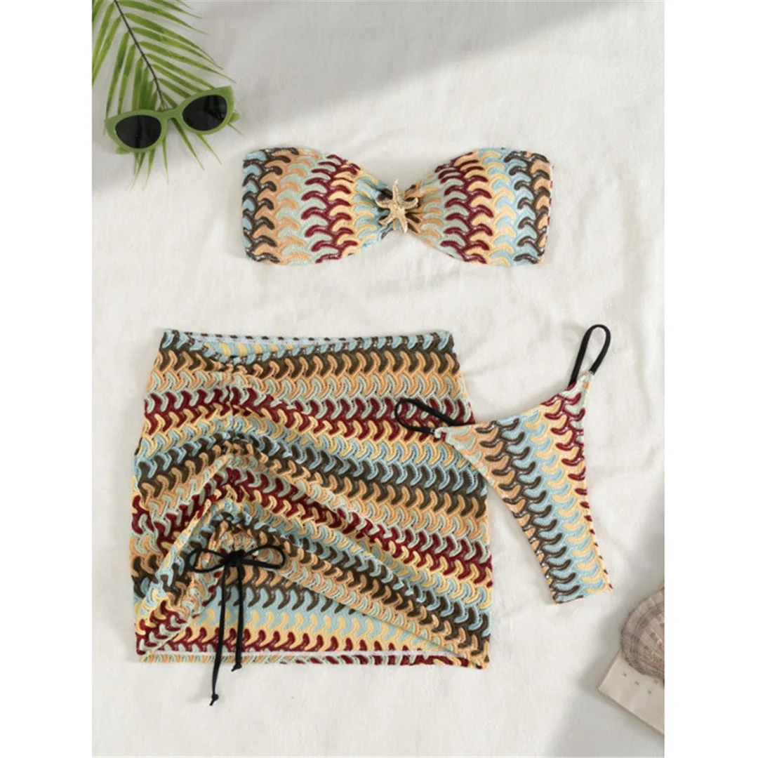 S - XL New Waves Bedruckter Bikini mit Rock, Damen-Badeanzug, dreiteiliges Bikini-Set, Badebekleidung, Badeanzug, Schwimmanzug V7929 – Detail 5