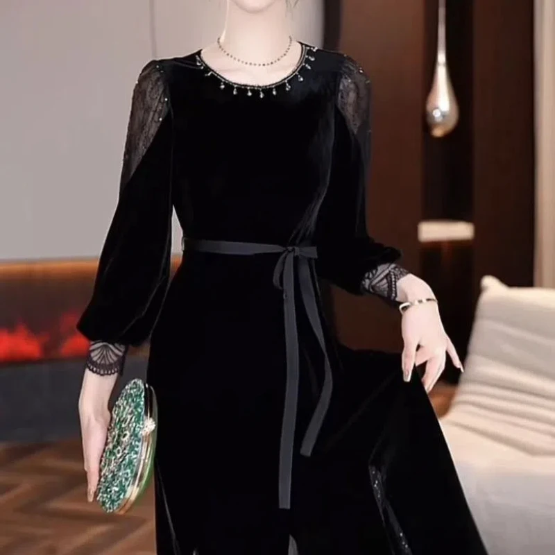 Spring Autumn Round Neck Long Sleeve Vintage Midi Dress Women High Street Casual Sequined Patchwork Dresses Elegant Vestidos