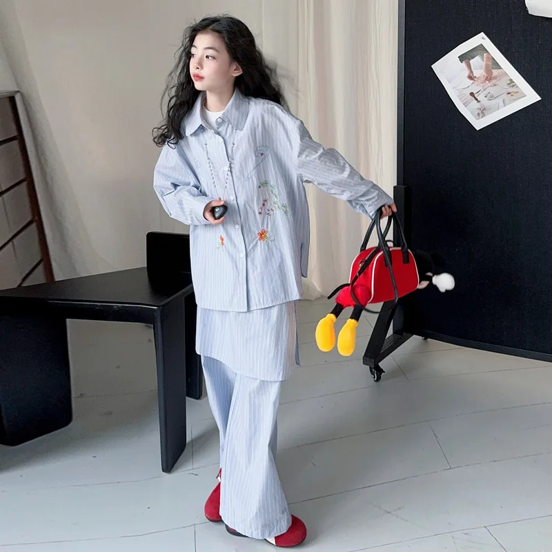 

Teenager Girls Autumn Outfit Korean Striped Long Sleeves Children Girls Two-piece Set Embroidery T-shirt Kid Girl Patchwork Pant