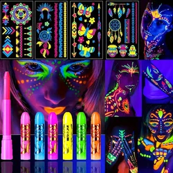 6 stuks UV neon zwart licht schminkset, glow in the dark onder UV-lichten, glow make-up kit, wasbare wateroplosbare gezichtsverf