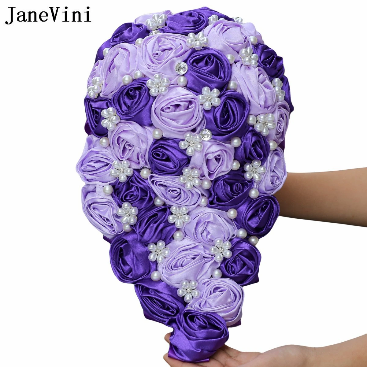 

JaneVini Romantic Purple Roses Waterfall Wedding Bouquets Bride Luxury Crystal Pearls Bridal Cascading Artificial Flower Bouquet