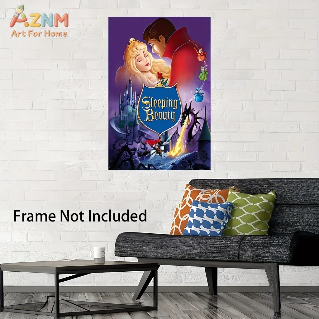 AZNM Disney La Bella Durmiente Aurora Príncipe Philip Hadas Dragón Castillo Arte Impresión Plana 2D Lienzo sin Marco Arte de Pared para Habitación Infantil