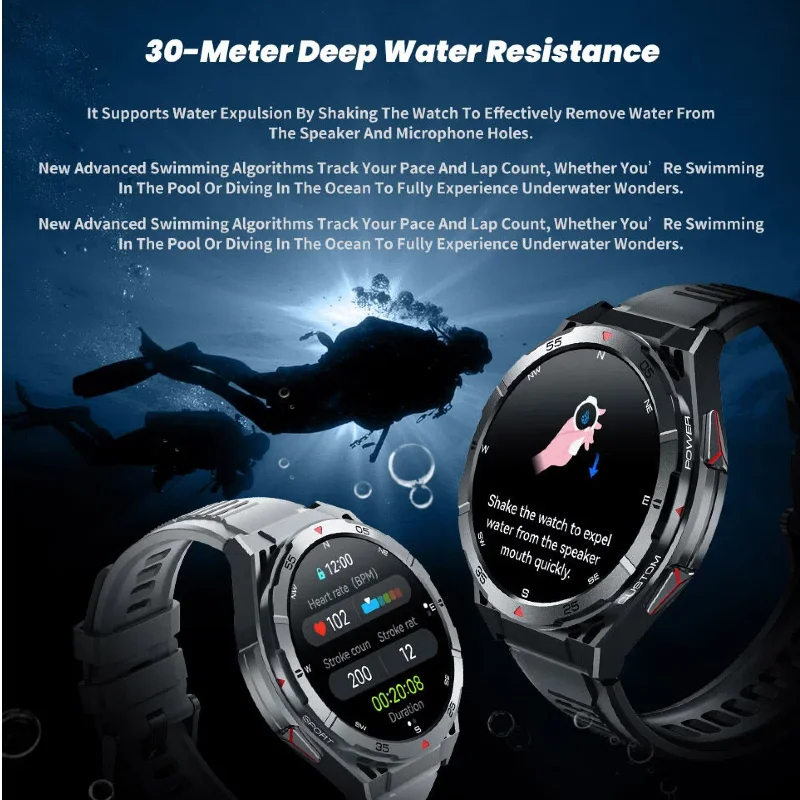 2026 novo 3atm à prova dwaterproof água natação relógio inteligente embutido gps bússola de fitness rastreamento hd bluetooth chamada 500mah smartwatch para homem