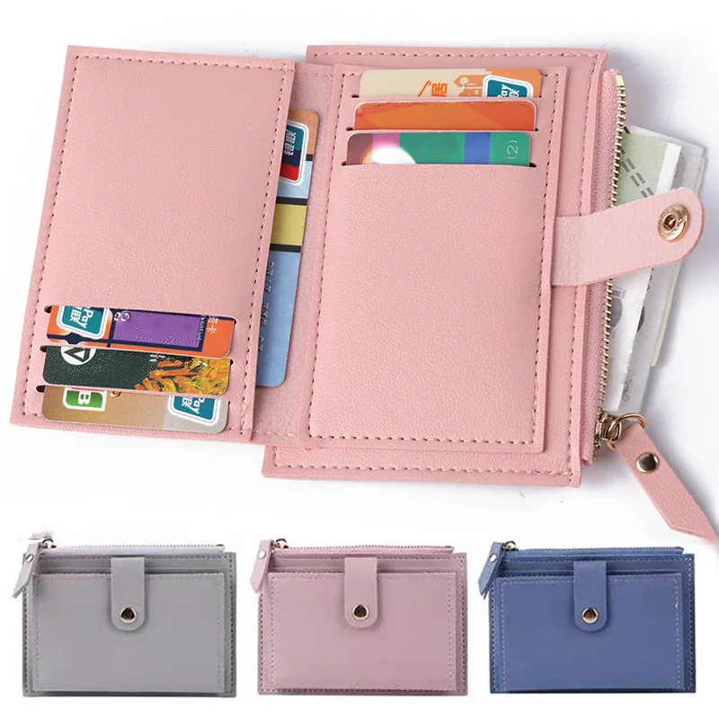 Porte-monnaie en cuir PU pour femme, mini moraillon, solide, multi-cartes, porte-monnaie court, mince, petit portefeuille, fermeture éclair