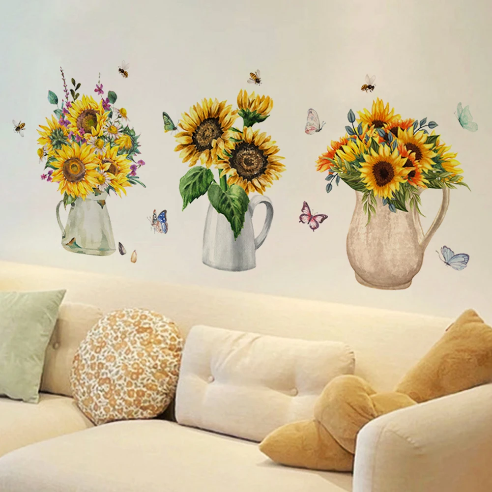 Art Stickers Wall Sticker Environmental Protection PVC 90*50cm Non-toxic Removable Sunflower Flower Living Rooms