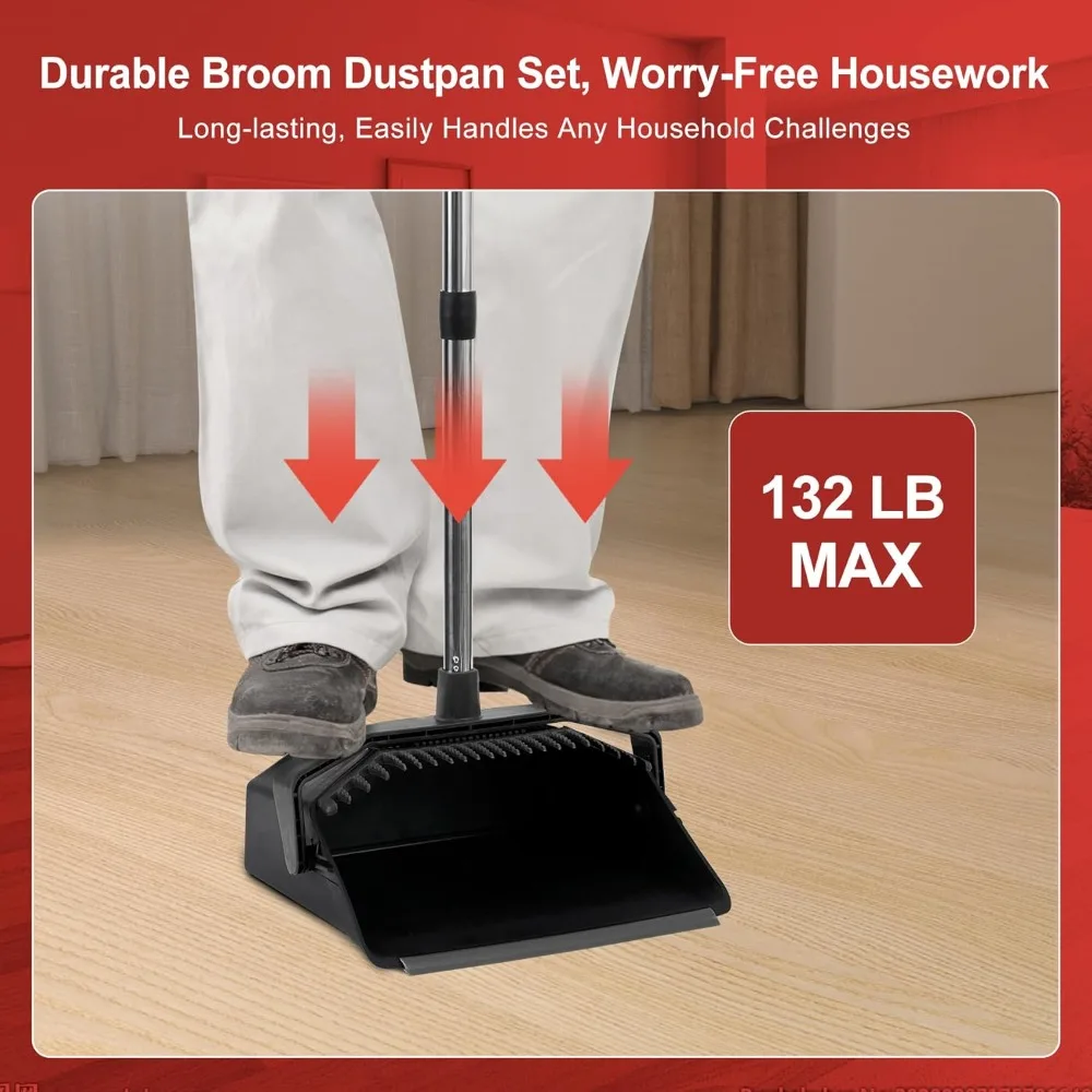 Commercial Broom and Dustpan Set,  Sets 51 inch Long Handle, Large Brooms and Dust Pan for Hall Lobby Office Garage - Black