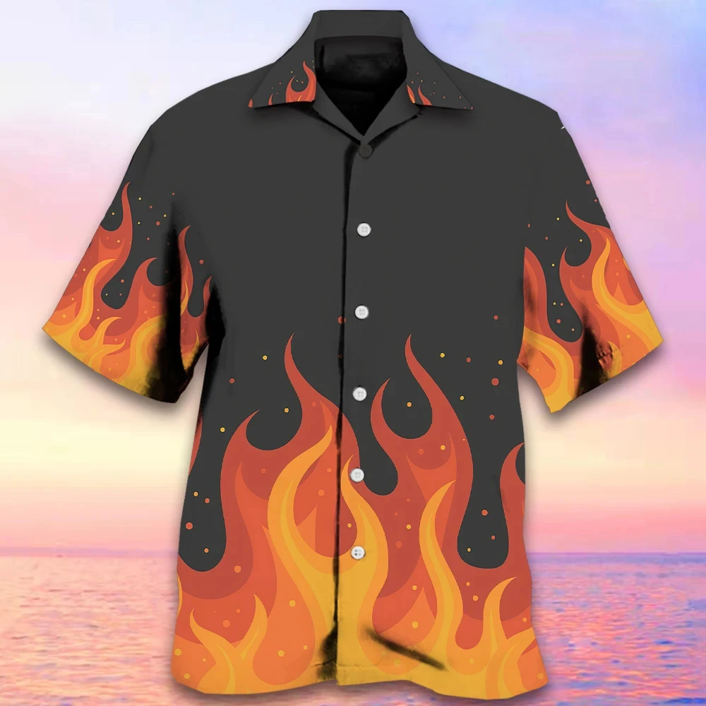 Summer men's Lapel Shirt Flame Printed high-quality men's Clothing Hawaiian Beach Holiday Casual Design Short Sleeved Shirt