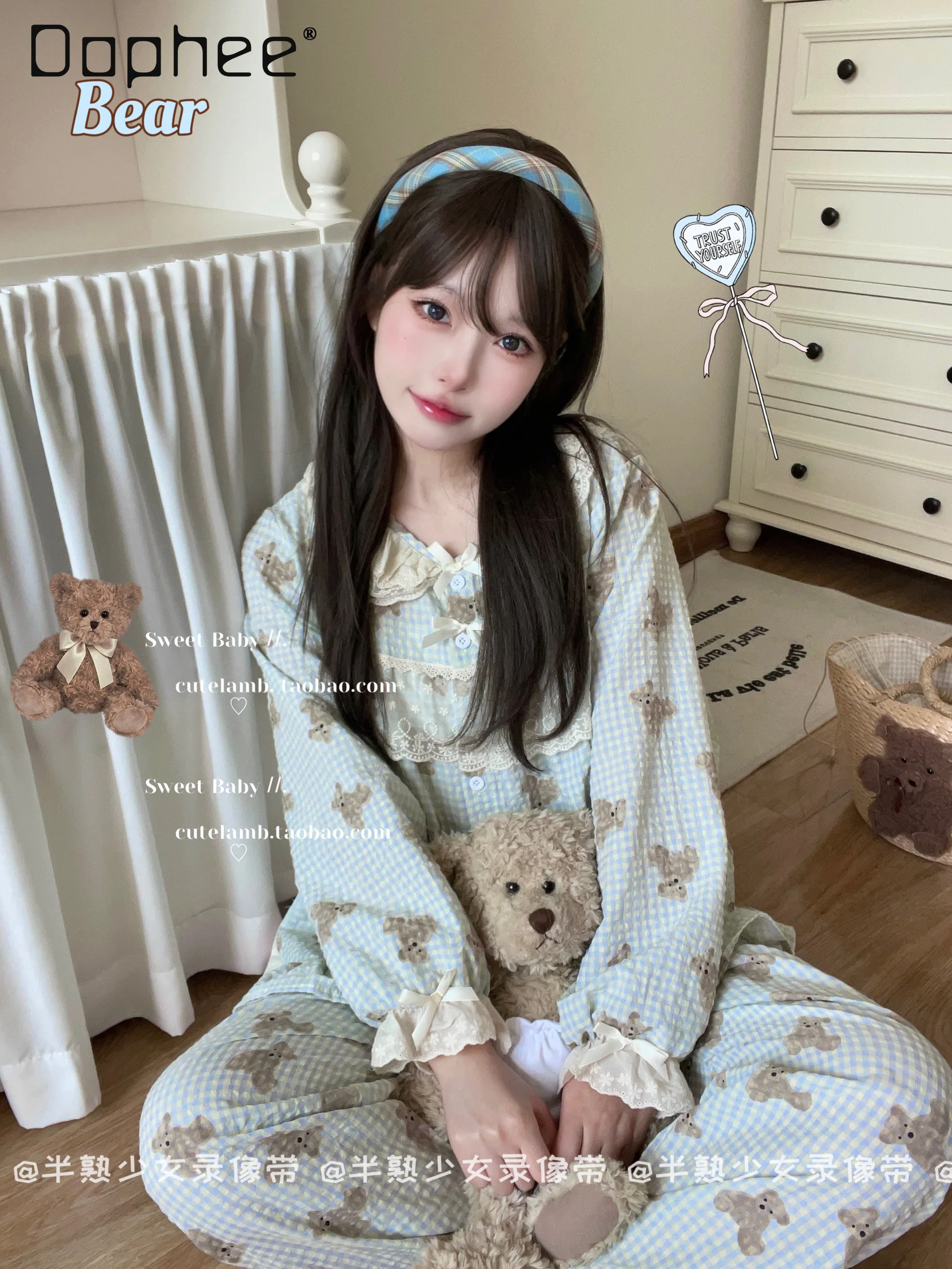 Blue Plaid Lace Bear Pajama Sets Spring Girls Autumn New Chic Doll Collar Long Sleeve Homewear Japanese Style Sweet Cute