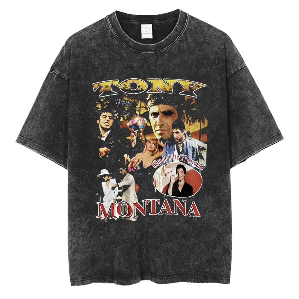 

90s Classic Gangsters Movie Scarface Double Sided Print T-shirts Tony Montana Al Pacino Vintage Washed Tshirt Men Rock T Shirts