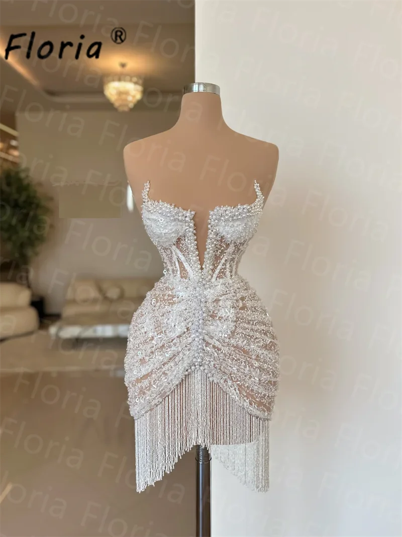 Sheer Neckline Pearls Cocktail Dress with Tassel Fringes Ivory Sequin Beaded Short Prom Dresses vestidos para eventos especiales