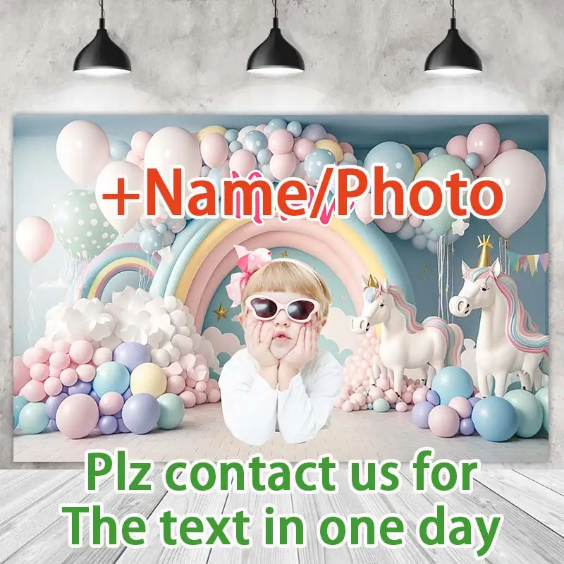 Unicorn Party Backdrops Princess Girl Birthday Photography Cake Smash Rainbow Balloons Background Shoot Customize Name Photo