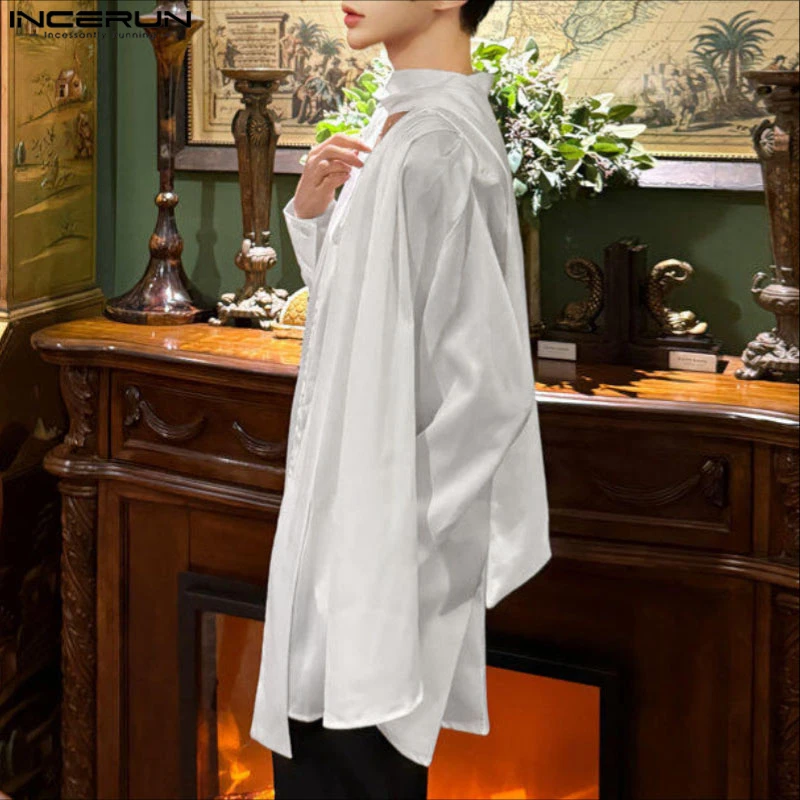 INCERUN Men Shirt Solid V Neck Long Sleeve Pleated Loose Men Clothing Streetwear Korean Style Fashion Casual Tops Male Shirts