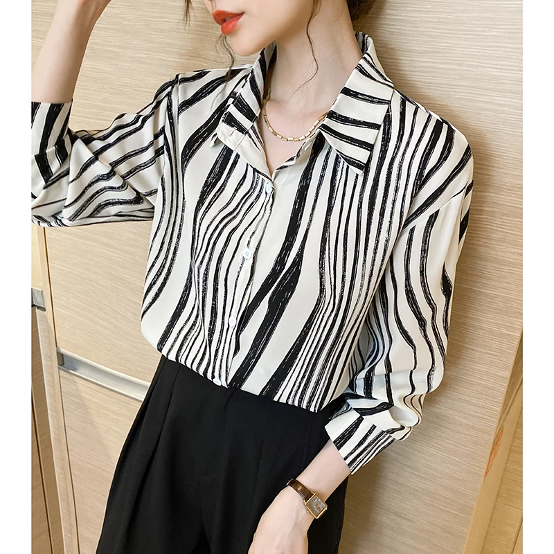 Women Spring Simplicity Loose Temperament Striped Chiffon Polo-Neck Long Sleeve Shirts Women Clothes Casual All-match Trend Tops