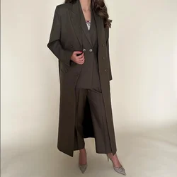 High-end Women Pants Sets Dark Brown Summer Fashion Peak Lapel Double Breasted 3 Piece Chic Casual Office Lady Female Suit 2024