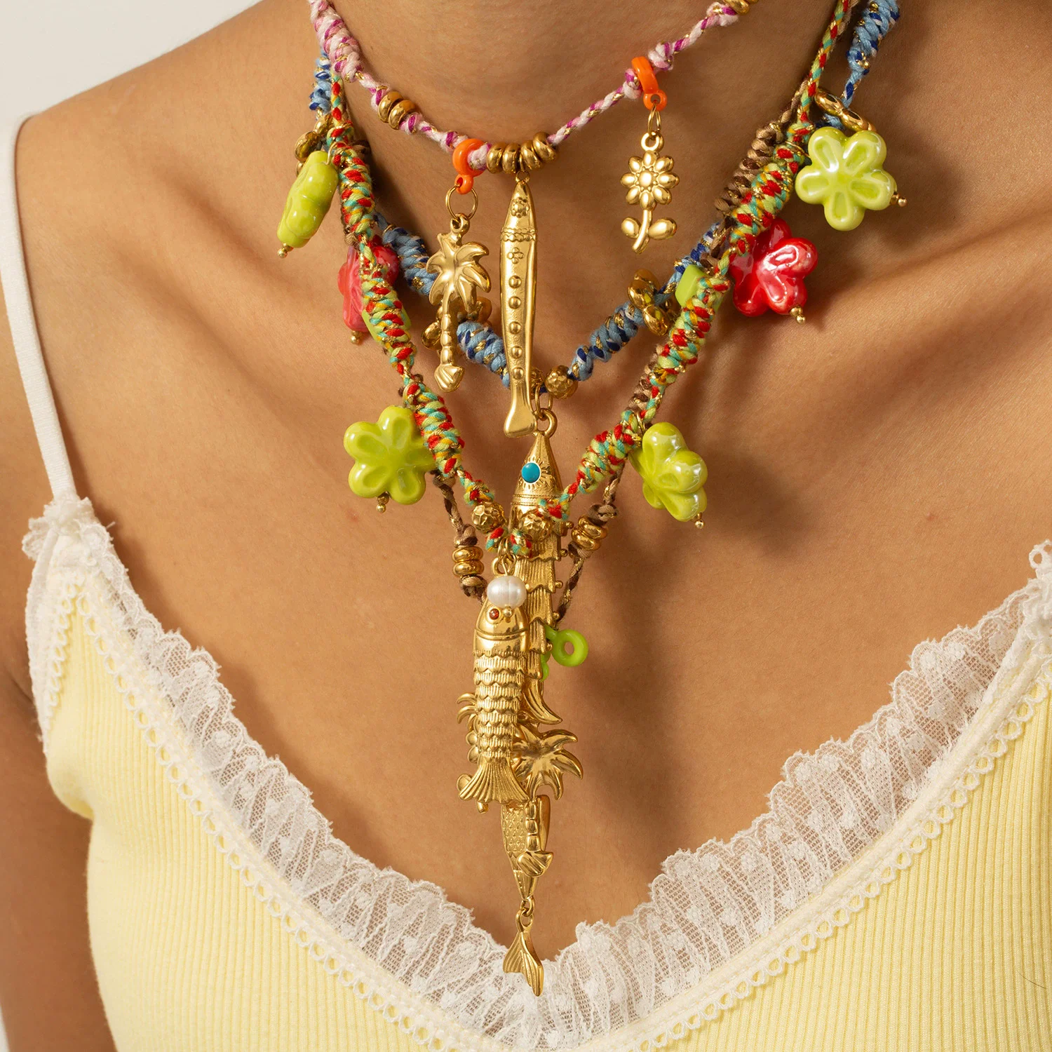 

Ocean Style Stainless Steel Fish Pendant Necklace For Women Colorful Rope Chain Flower Jewelry Accessories Wholesale