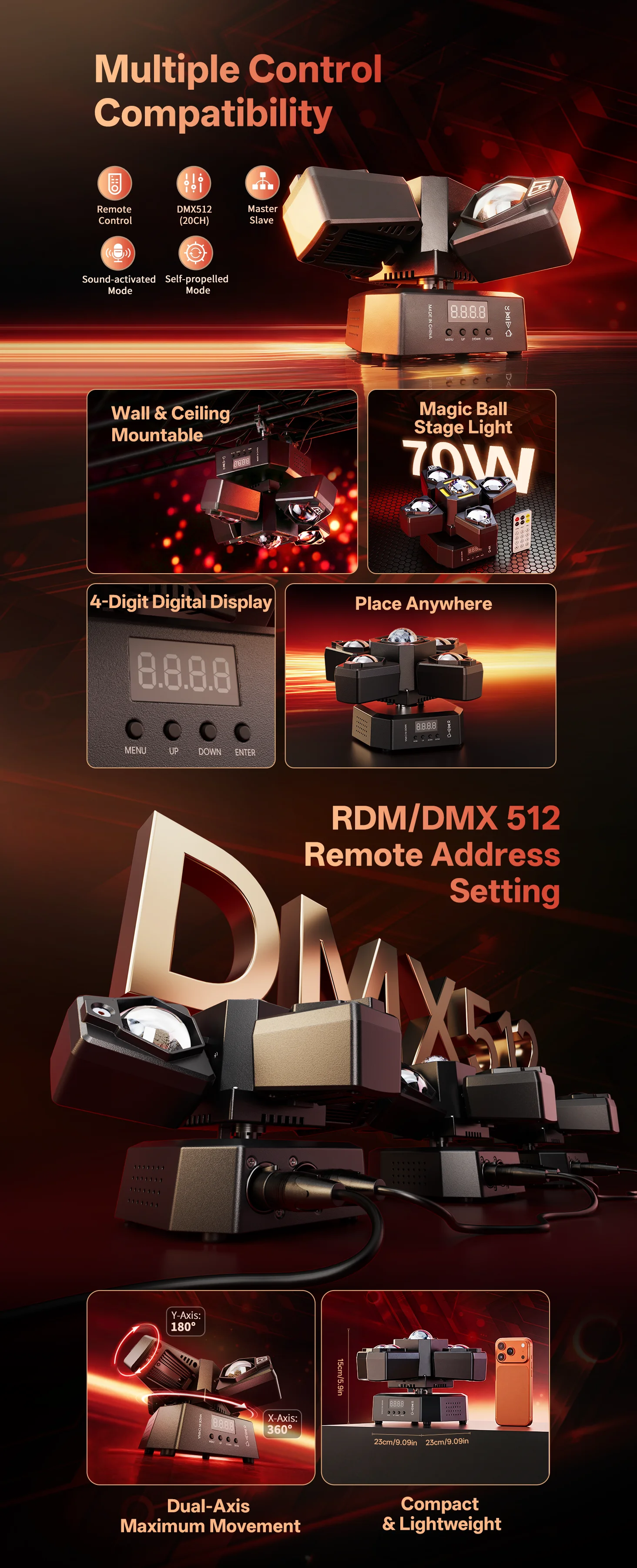 DayFlicker 120W RGBW 4-Arm Beam Magic Ball Stage Light - Remote, Sound-Activated DMX512 Master/Slave Modes for Club Bar Party