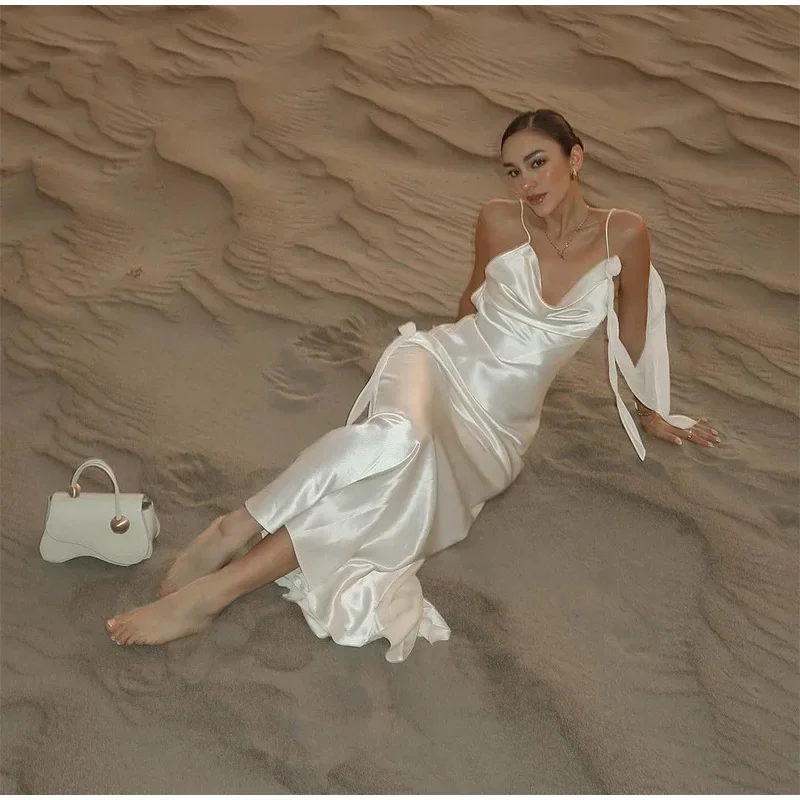 

Sexy White Silk Satin Sling Dress For Women Elegant Swing Collar Backless Long Dresses Summer New Women Beach Vacation Robe
