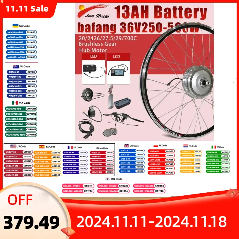 BAFANG 36V Drive Kit with 13AH Battery 36V Ebike Motor with DIY LCD Display/Controller Electric Bikes Conversion kit for Mountai