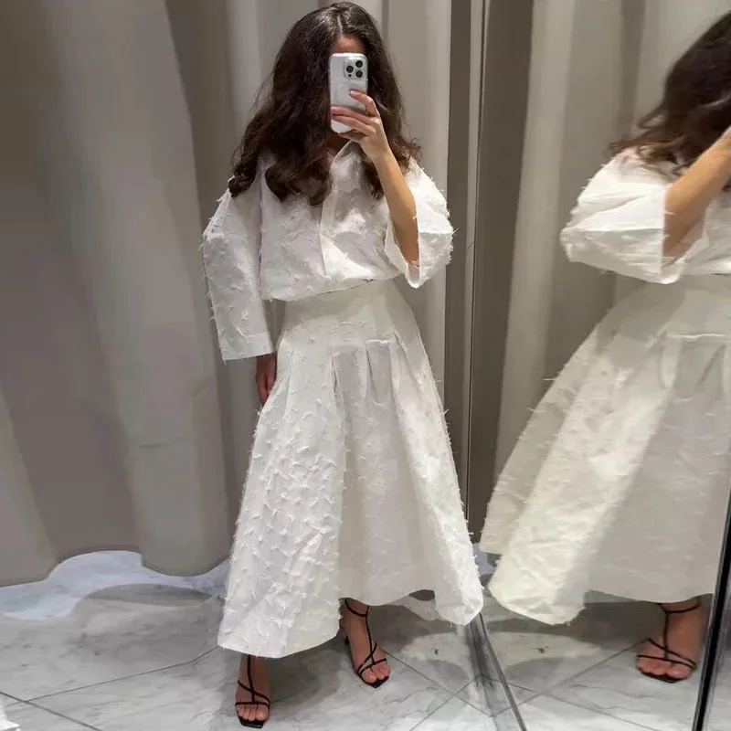 

White Tassels Blouse Skirt Outfit Spring Women Single Breasted Lapel Shirt+High Waist Big Swing Bust Skirt Summer Two Piece Set
