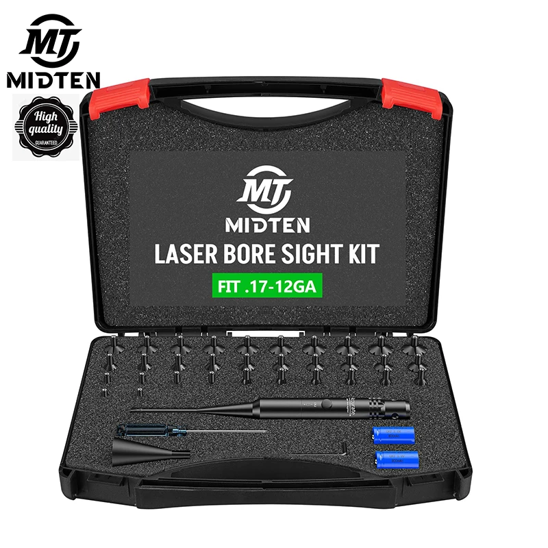 

MidTen Green Laser Bore Sight Kit with Button Switch Professional Sighter with 32 Adapters for 0.17 to 12GA Calibers Powerful Hu