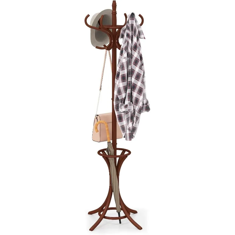 

Giantex Solid Wood Coat Rack, Freestanding Hall Tree w/12 Hooks, Umbrella Holder, Entryway Hanger Stand for Coat(Reddish Brown)