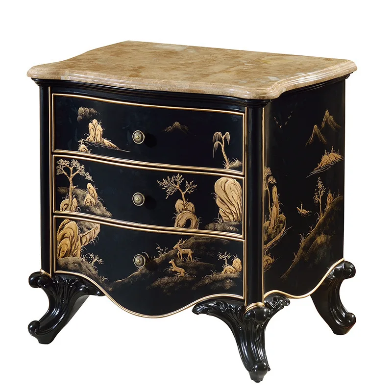 Mahogany carved bedside table European style hand-painted craft bedside table