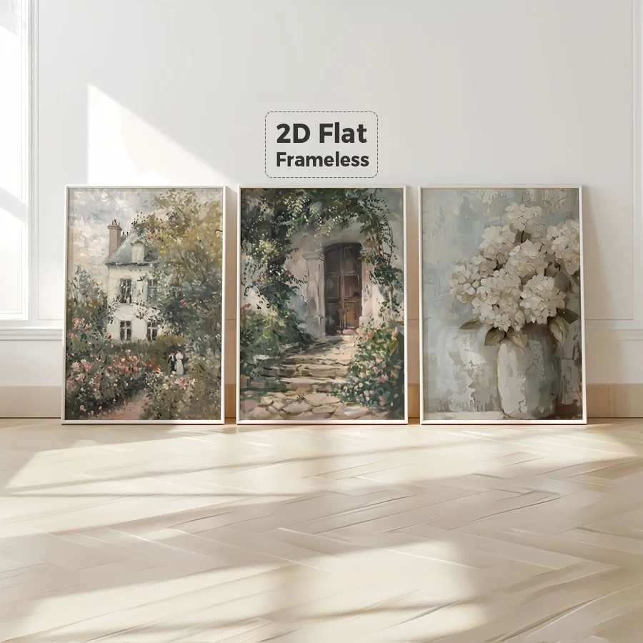 （NO Frame 3PCS）-2D Flat, 2D Flat, Frameless Posters, 3pcs Vintage Cottage Rose Garden Hydrangea Oil Painting Print, Rustic Fl