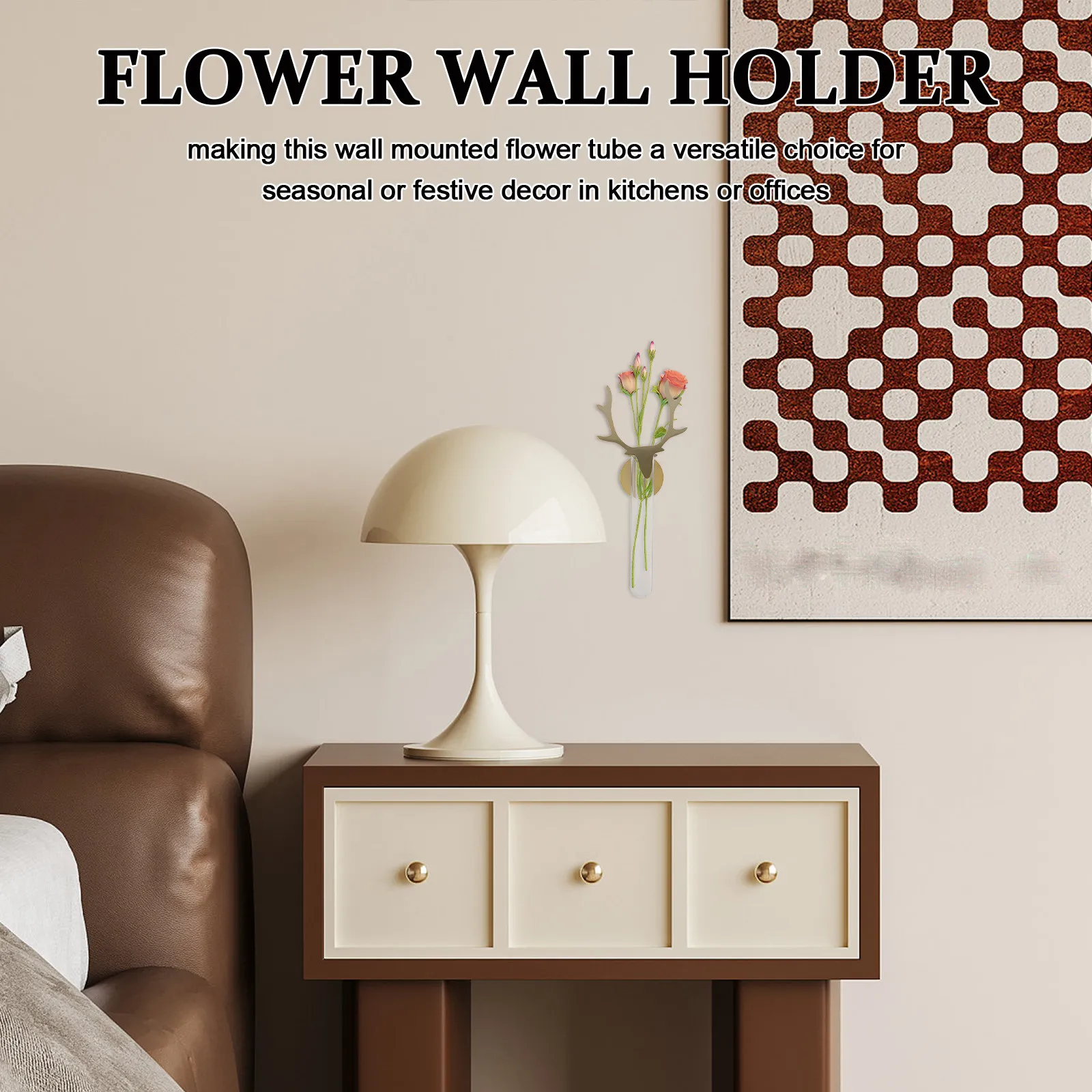 Wall Mount Flower Vase Antler Design 11 Metal Hanging Floral Tube Holder No Drill Sticky Wall Vase for Indoor Dried Fresh