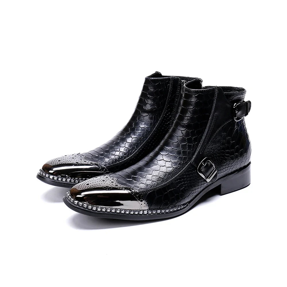 

Black Patent Leather High Heels Buckle Zipper With Metal Bordered Pointed Toe Boots Male Plus Size Party Business Dress Shoes