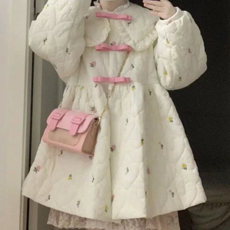 Sweet Cute Pink Bow Thickened Warm Beige Cotton Jacket Female Student Winter Loose Kawaii Medium-length Women Quilted Coat Dress